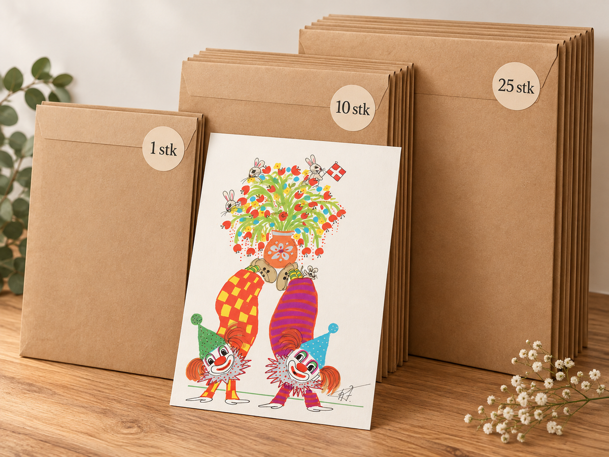 Klovne med blomster og kaniner – A3 børneplakat – Kirsten Faarbæk