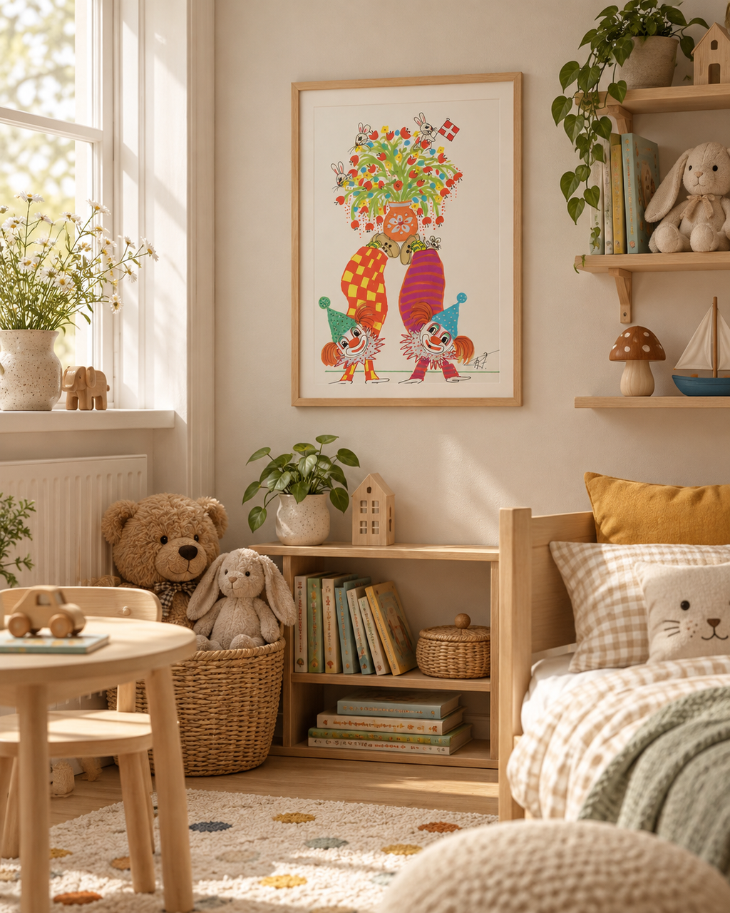 Klovne med blomster og kaniner – A3 børneplakat – Kirsten Faarbæk