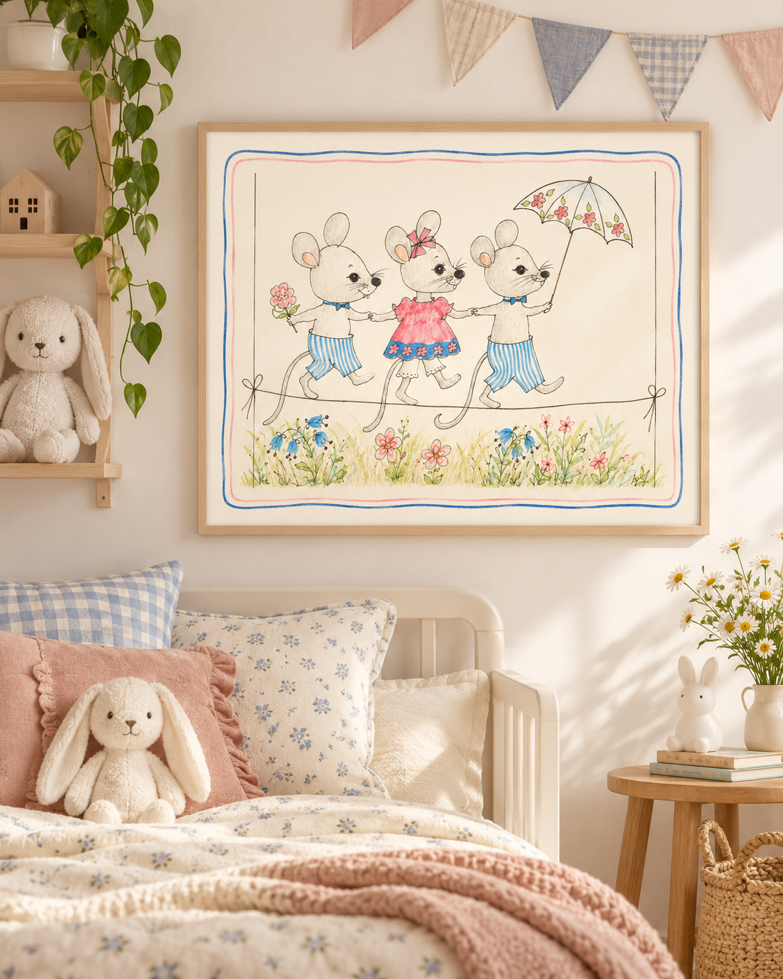 Tre mus – A3 børneplakat med tre charmerende mus på line – Kirsten Faarbæk