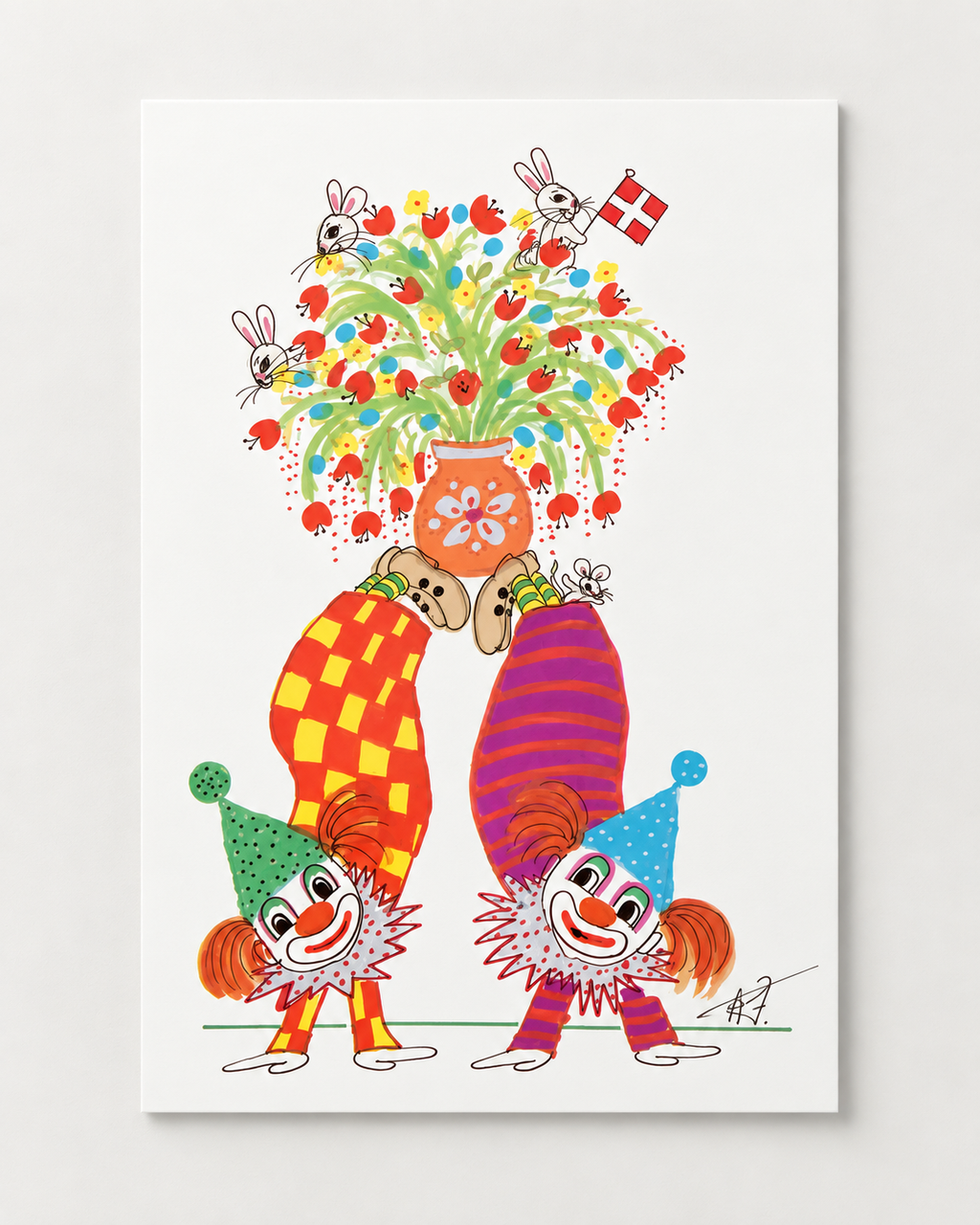 Klovne med blomster og kaniner – A3 børneplakat – Kirsten Faarbæk